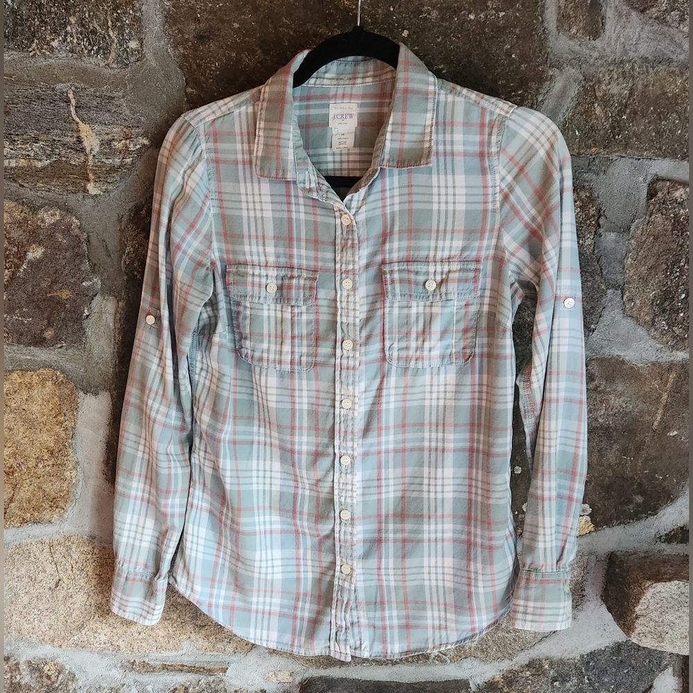 J. Crew The Perfect Shirt Green Plaid Long Sleeved Button Up Roll Sleeve Size XS